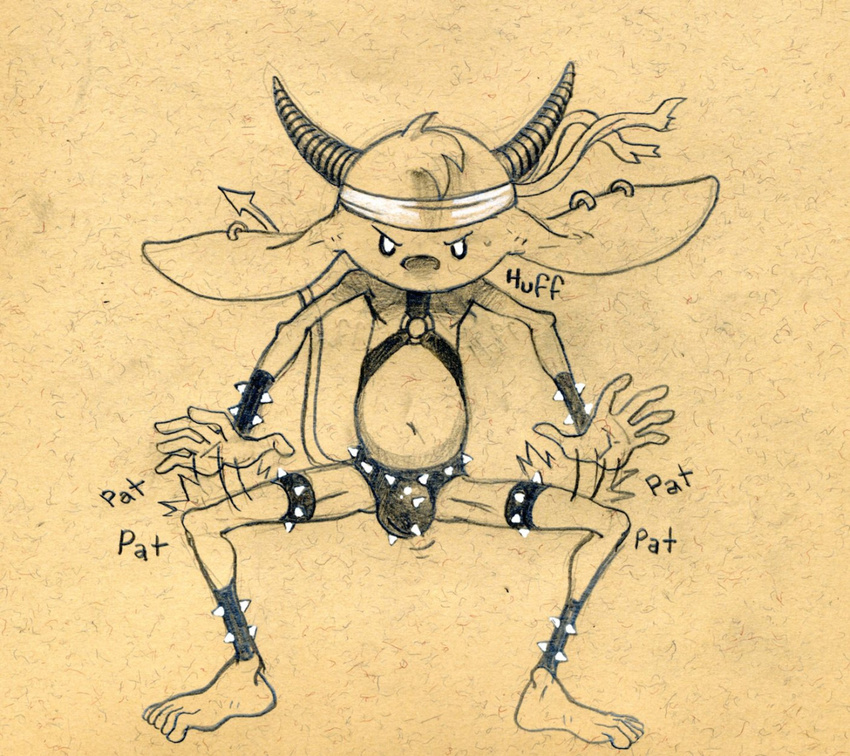 abrefoot anthro bandanna barefoot big_ears bulge clothing come_at_me_bro crouching fighting_stance frown harness imp invalid_tag looking_at_viewer male monochrome motion_lines pencil_(artwork) solo sound_effects spade_tail spiked_bracelets spiked_thong spread_legs spreading thong traditional_media_(artwork) tush tush_(character)