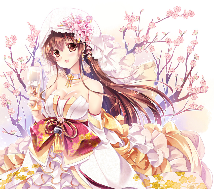 alternate_costume breasts brown_eyes brown_hair cherry_blossoms cleavage collar dress glass hair_ornament hat hood japanese_clothes kantai_collection kimono large_breasts long_hair looking_at_viewer sakurano_tsuyu solo sparkle uchikake wedding wedding_dress yamato_(kantai_collection)