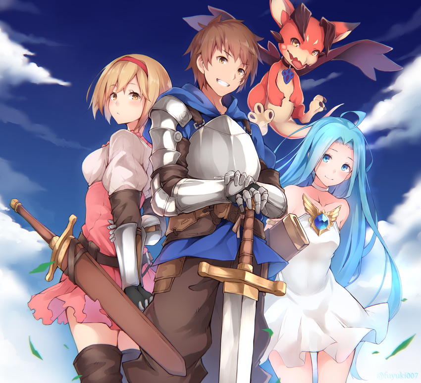 2girls :/ ahoge arm_grab armor arms_behind_back bare_shoulders belt blonde_hair blue_eyes blue_hair blue_sky blush boots breasts brown_eyes brown_hair brown_pants choker claws cloud collar collarbone day djeeta_(granblue_fantasy) dragon dress fighter_(granblue_fantasy) gloves gran_(granblue_fantasy) granblue_fantasy hairband highres horns long_hair long_image looking_at_viewer looking_back lyria_(granblue_fantasy) medium_breasts multiple_girls nanahara_fuyuki open_mouth pants pink_hairband sheath sheathed short_hair short_sleeves sky smile sword teeth thigh_boots thighhighs vee_(granblue_fantasy) very_long_hair weapon white_dress wings