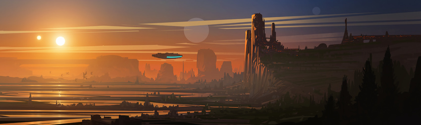 city cloud dusk engraved_(pixiv17631374) flying forest highres landscape millennium_falcon moon mountain nature scenery sky space_craft star_wars star_wars:_the_force_awakens sun tower tree