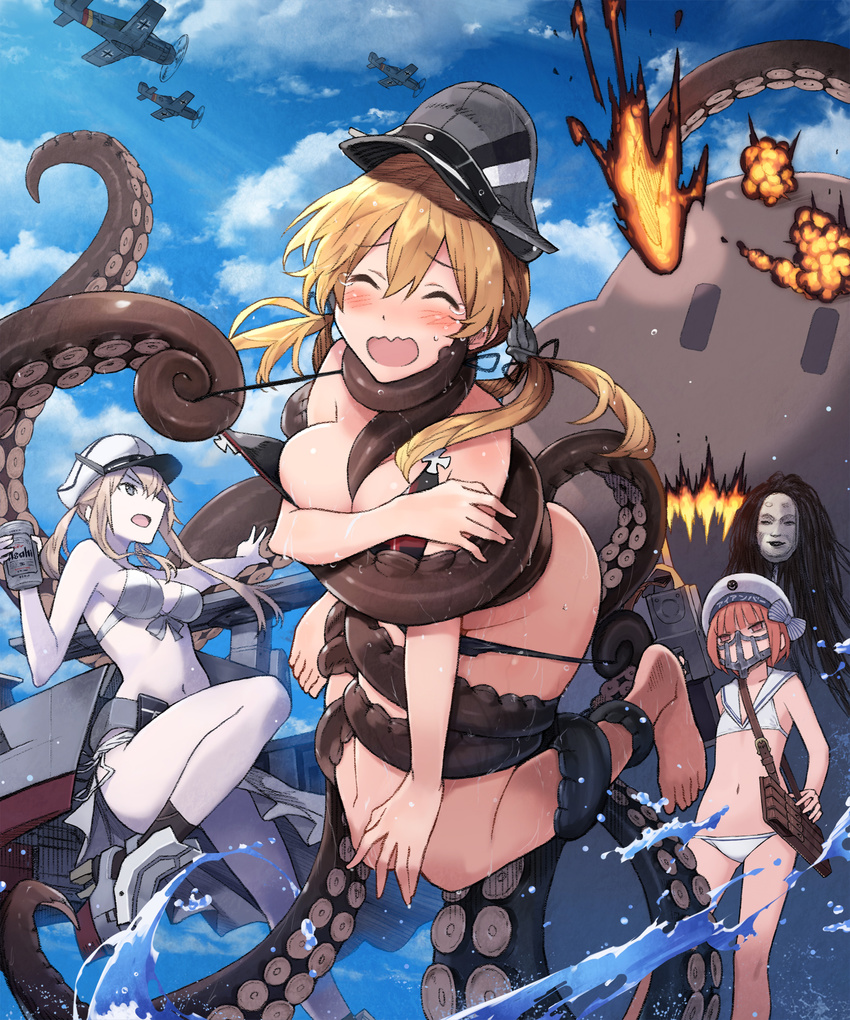 aircraft airplane alcohol anchor_hair_ornament asahi_breweries barefoot beer beer_can beret bikini bikini_pull black_bikini black_ribbon blonde_hair blue_sky blush breasts brown_eyes can cleavage closed_eyes cloud collarbone commentary_request day ezusuke graf_zeppelin_(kantai_collection) grey_eyes hair_between_eyes hair_ornament hat highres kantai_collection knees_together_feet_apart large_breasts long_hair low_twintails machinery mad_max mad_max:_fury_road mask military_hat monster multiple_girls navel octopus open_mouth outdoors peaked_cap prinz_eugen_(kantai_collection) restrained ribbon sailor_bikini sailor_collar sailor_hat sarong short_hair sidelocks sky swimsuit tears tentacles tsurime twintails water white_bikini white_hat z3_max_schultz_(kantai_collection)