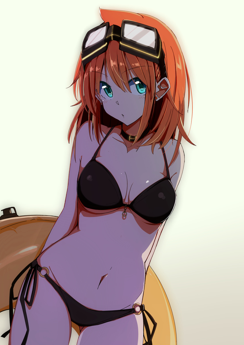 :o absurdres amano_tora aqua_eyes arms_behind_back ass_visible_through_thighs bikini black_bikini breasts chestnut_mouth choker earrings goggles goggles_on_head highres innertube jewelry kazenoko looking_at_viewer medium_breasts o-ring o-ring_bikini orange_hair original red_earrings shadow short_hair side-tie_bikini solo swimsuit underboob