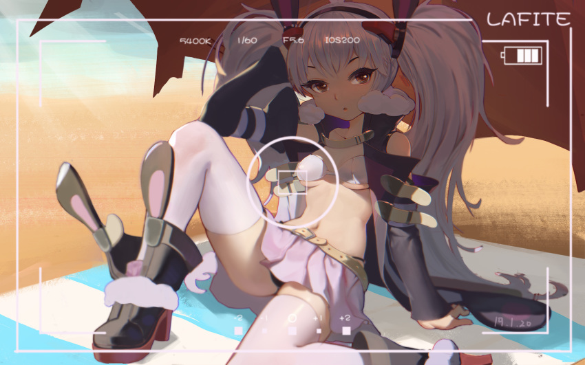 1girl azur_lane bare_shoulders beach beach_towel beach_umbrella belt bikini_top black_panties boots commentary erect_nipples hairband hand_on_own_head highres jacket laffey_(azur_lane) long_hair looking_at_viewer midriff miniskirt navel panties pantyshot pantyshot_(sitting) pink_skirt pleated_skirt remodel_(azur_lane) sitting skirt solo thighhighs thighs towel twintails umbrella underwear very_long_hair viewfinder white_bikini_top white_hair yellow_eyes zettai_ryouiki zhen_guodong