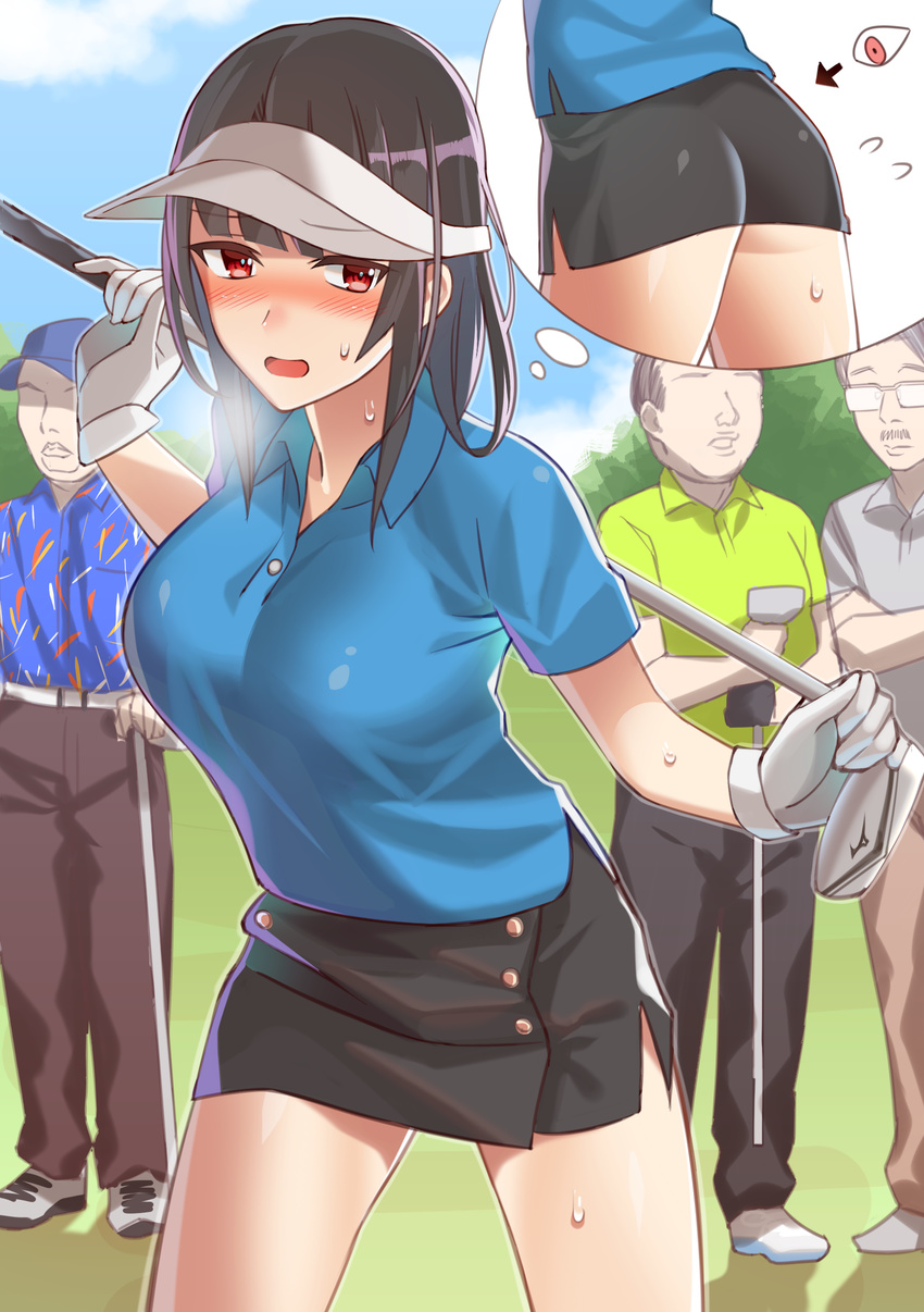 3boys absurdres alternate_costume ass black_hair black_skirt blue_shirt blue_sky blush breasts breath collared_shirt commentary_request cowboy_shot crossed_arms day glasses gloves golf golf_club highres kantai_collection kitazawa_(embers) large_breasts leaning_forward legs_apart long_hair looking_at_viewer medium_breasts miniskirt multiple_boys nose_blush open_mouth outdoors pencil_skirt polo_shirt shiny shiny_hair shirt short_sleeves skirt sky solo_focus standing sweat takao_(kantai_collection) thighs visor_cap white_gloves