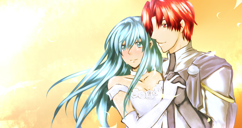 1girl aiden_(formalhauto2) aqua_eyes aqua_hair bangs black_gloves blush breasts cape choker cleavage collarbone couple dress eirika elbow_gloves fire_emblem fire_emblem:_seima_no_kouseki gloves hetero highres holding_hands interlocked_fingers lips long_hair medium_breasts orange_background petals red_eyes red_hair seth_(fire_emblem) short_hair sleeveless sleeveless_dress tears wedding_dress white_dress white_gloves