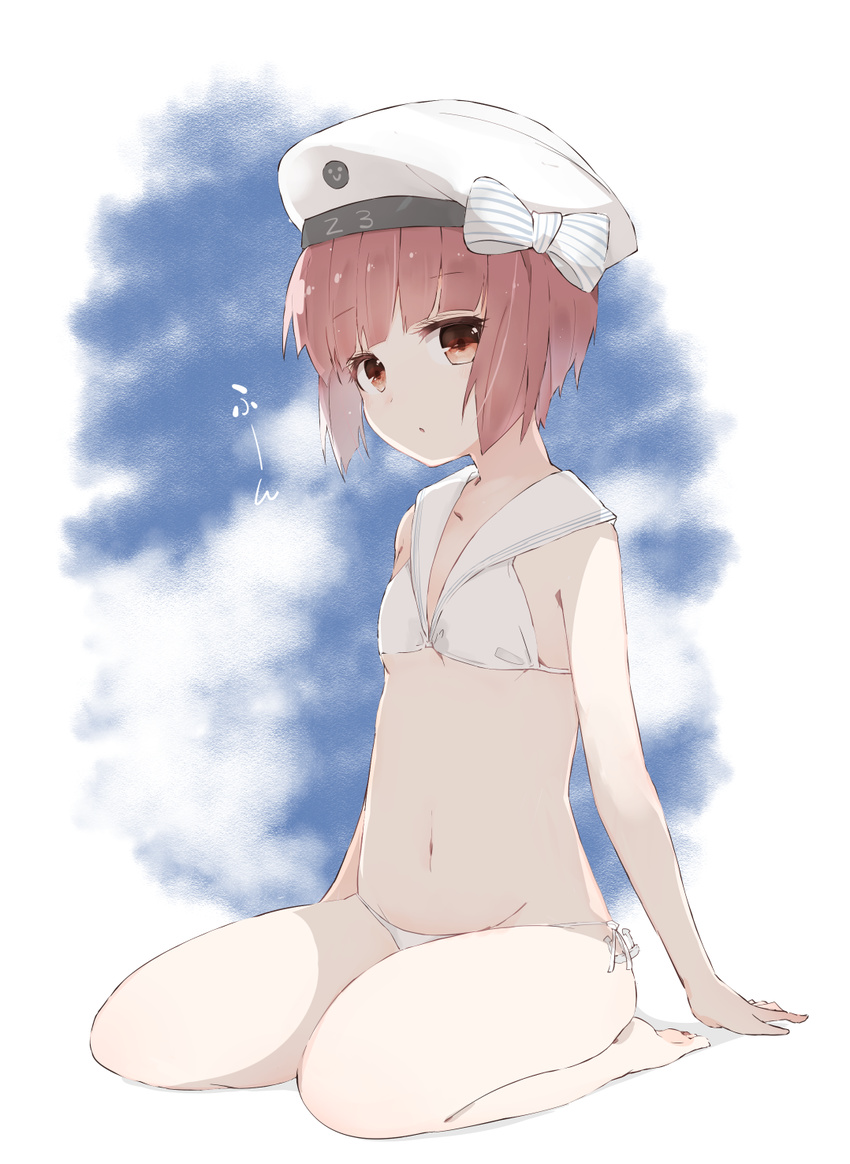 anchor beret bikini bow brown_eyes brown_hair character_name clothes_writing hat hat_bow highres kantai_collection looking_at_viewer navel ooyama_imo sailor_bikini sailor_collar sailor_hat shadow short_hair sitting smiley_face solo striped striped_bow swimsuit wariza white_bikini white_hat z3_max_schultz_(kantai_collection)