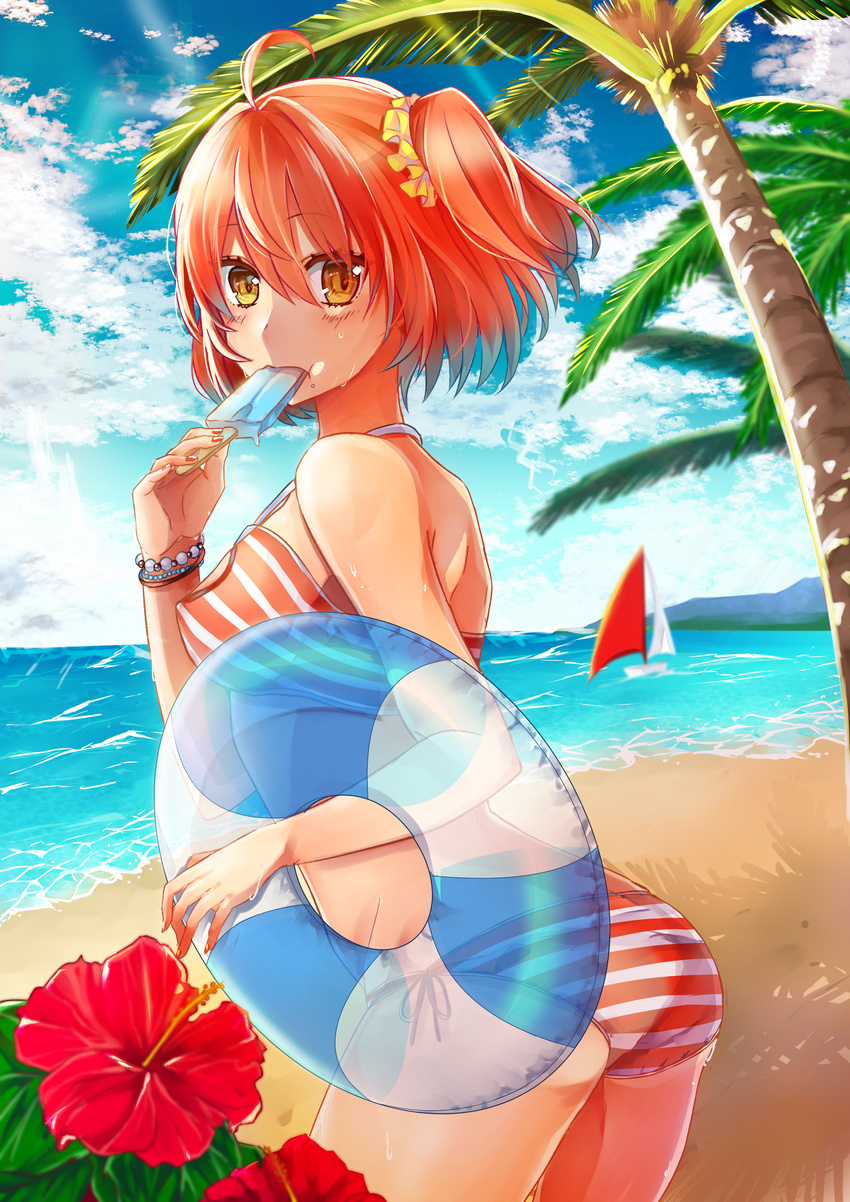 1girl bikini clouds fate/grand_order female female_protagonist_(fate/grand_order) flower food gudako hibiscus ice_cream leaves niiru_hiyaku_de_jutaichuu orange_hair palm_tree popsicle red_flower sky solo sweets swim_ring tree water