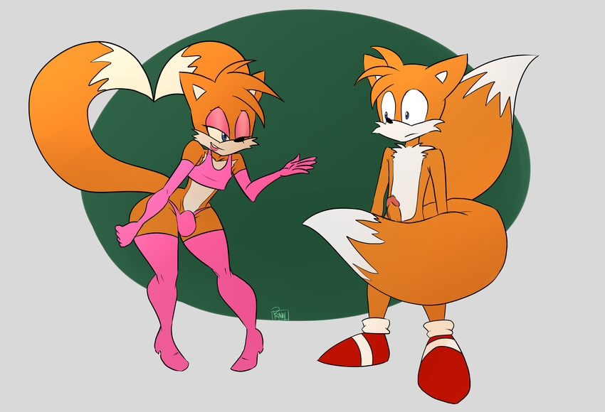 &lt;3 arm_length_gloves boots canine clothing erection footwear fox girly gloves legwear mammal miles_prower multi_tail penis pranky shirt sonic_(series) tank_top thigh_high_boots