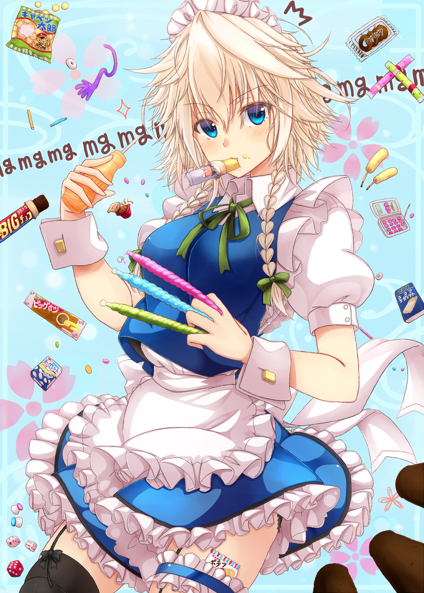 adapted_costume alternate_hair_color apron bangs between_fingers black_legwear black_panties blue_background blue_eyes blue_skirt blue_vest blush bow braid breasts chips chocolate_bar commentary_request crumbs dice doughnut dress eating eyes_visible_through_hair floral_background food frilled_apron frilled_skirt frills garter_straps garters hair_between_eyes hair_bow highres izayoi_sakuya juice looking_at_viewer maid maid_apron maid_headdress medium_breasts mg_mg mickey_dunn miniskirt mouth_hold panties puffy_short_sleeves puffy_sleeves ribbon shirt short_hair short_sleeves skirt sleeveless sleeveless_dress solo thighhighs touhou twin_braids underwear vest white_shirt wrist_cuffs