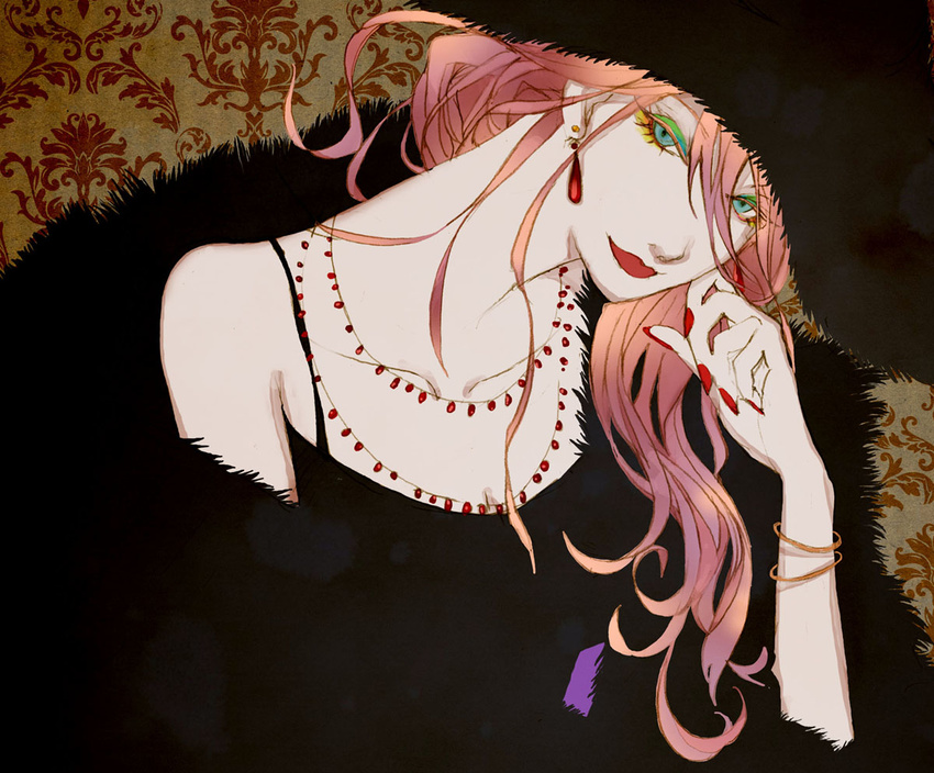 1girl bare_shoulders bracelet closed_mouth collarbone dress earrings eyeshadow fur hat head_tilt hourouzanmai howl_no_ugoku_shiro jewelry lipstick long_hair looking_at_viewer makeup nail_polish necklace pink_hair red_lips red_nails simple_background smile solo studio_ghibli upper_body witch_of_the_waste