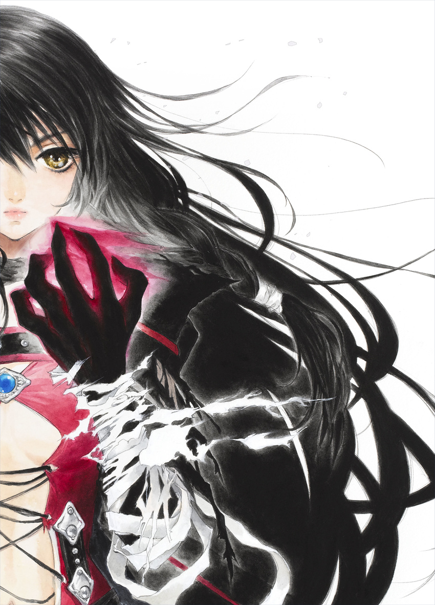 absurdres bandaged_arm bandages black_hair highres inomata_mutsumi long_hair official_art solo tales_of_(series) tales_of_berseria torn_clothes velvet_crowe yellow_eyes