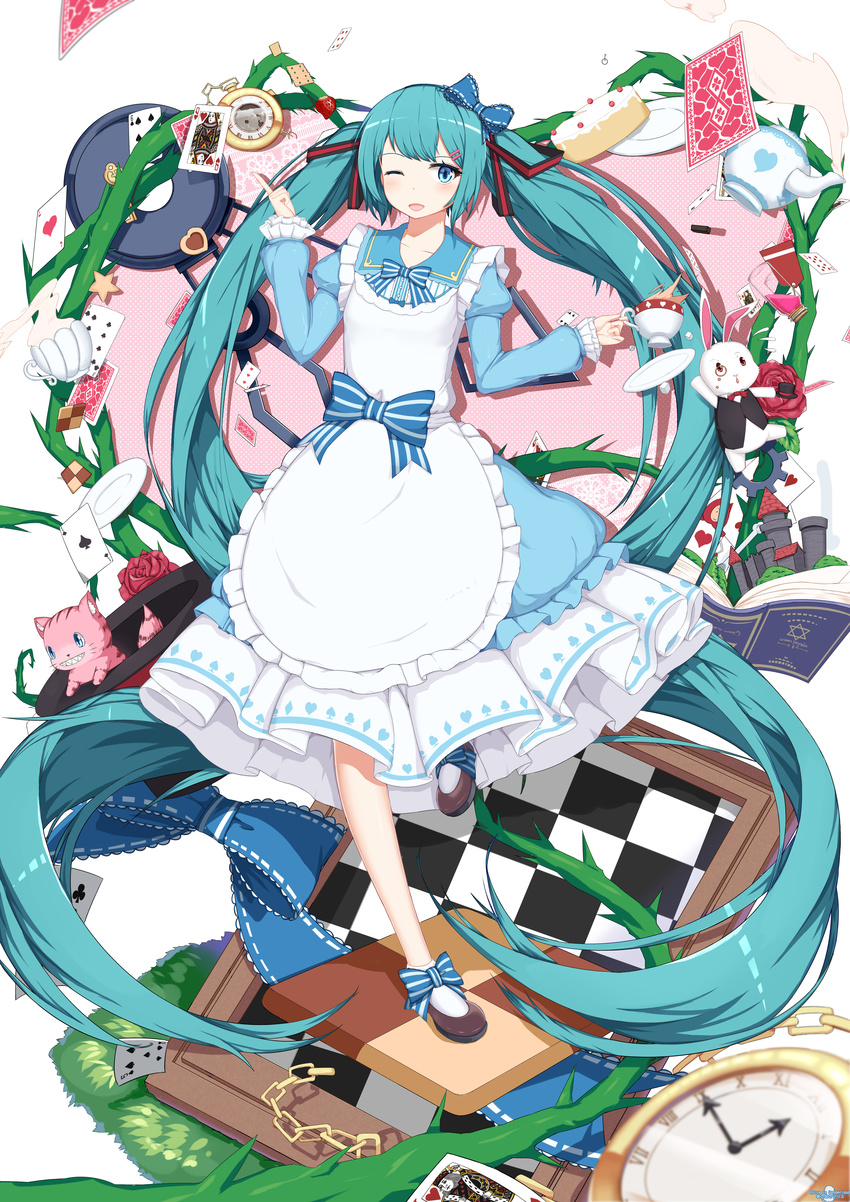 ;d absurdly_long_hair absurdres alice_in_musicland_(vocaloid) alice_in_wonderland aqua_eyes aqua_hair book bow bunny cake card cat checkered cheshire_cat cookie cup flower food hair_bow hair_ornament hair_ribbon hairclip hatsune_miku highres long_hair looking_at_viewer one_eye_closed open_mouth playing_card pocket_watch ribbon rose smile sugar_sound teacup teapot twintails very_long_hair vocaloid watch white_rabbit