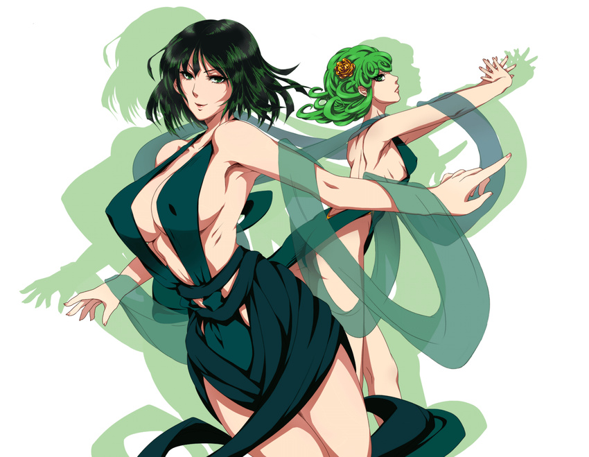 &gt;:) adapted_costume akino_(gokosei) armpits ass backless_dress backless_outfit bare_shoulders breasts closed_mouth commentary_request covered_nipples cowboy_shot curly_hair dress drop_shadow flower from_side fubuki_(one-punch_man) green_dress green_eyes green_hair hair_flower hair_ornament highres kneepits large_breasts leaning_forward looking_at_viewer multiple_girls one-punch_man outstretched_arms pelvic_curtain profile revealing_clothes shawl short_hair siblings sideboob sisters sleeveless sleeveless_dress small_breasts smile spread_arms tatsumaki v-shaped_eyebrows white_background