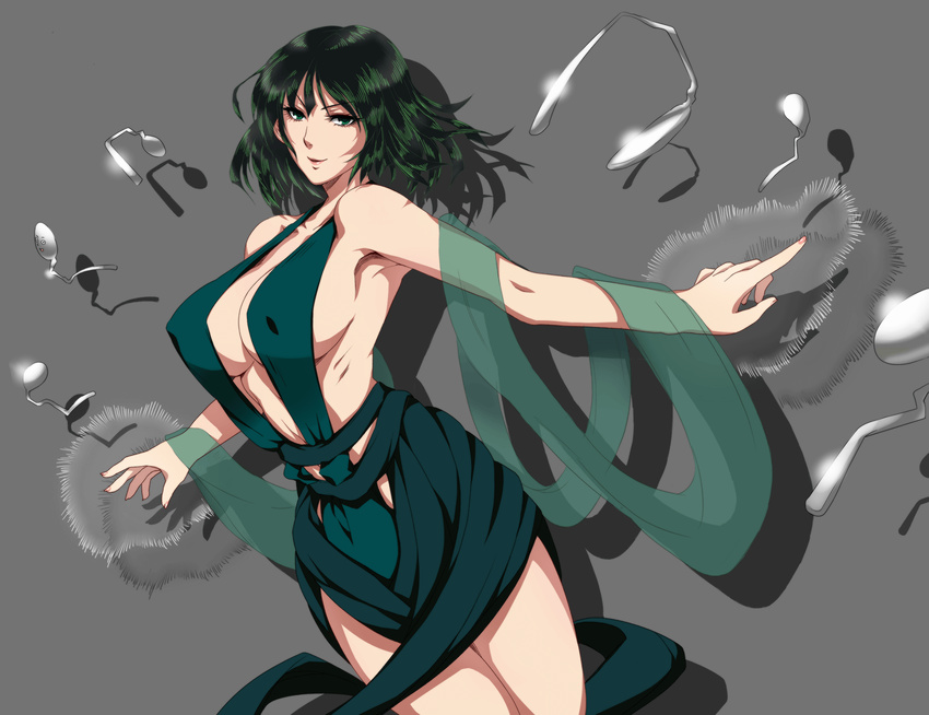 &gt;:) adapted_costume akino_(gokosei) armpits bare_shoulders bent_spoon breasts closed_mouth commentary_request covered_nipples cowboy_shot dress drop_shadow fubuki_(one-punch_man) green_dress green_eyes green_hair grey_background highres large_breasts looking_at_viewer one-punch_man outstretched_arms revealing_clothes shawl short_hair sideboob sleeveless smile solo spoon spread_arms telekinesis v-shaped_eyebrows