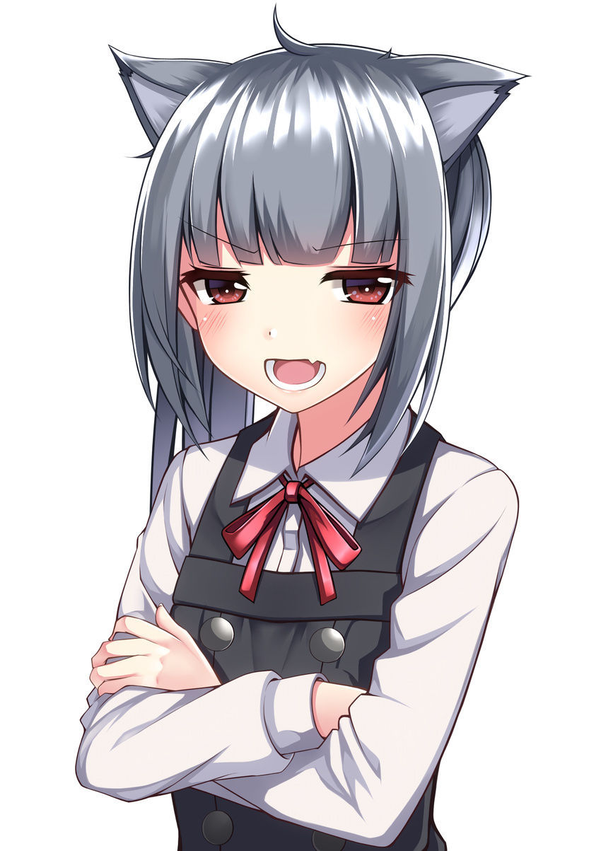animal_ears bad_id bad_pixiv_id bangs blouse blunt_bangs brown_eyes cat_ears commentary_request crossed_arms dress eyebrows eyebrows_visible_through_hair fang grey_hair highres kantai_collection kasumi_(kantai_collection) kemonomimi_mode open_mouth pinafore_dress remodel_(kantai_collection) ribbon side_ponytail sidelocks sketch solo sweatdrop takamiya_nao upper_body white_background