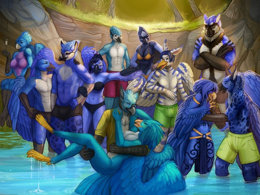 anthro armpits avian beak black_beak black_fur black_scales blue_feathers blue_fur blue_theme boxers_(clothing) breasts clothed clothing cyan_feathers day feathered_wings feathers featureless_breasts female fur group large_group loincloth male multi_colored_fur non-mammal_breasts nude panties partially_clothed pond scales theowlette underwear water water_hole white_fur wings
