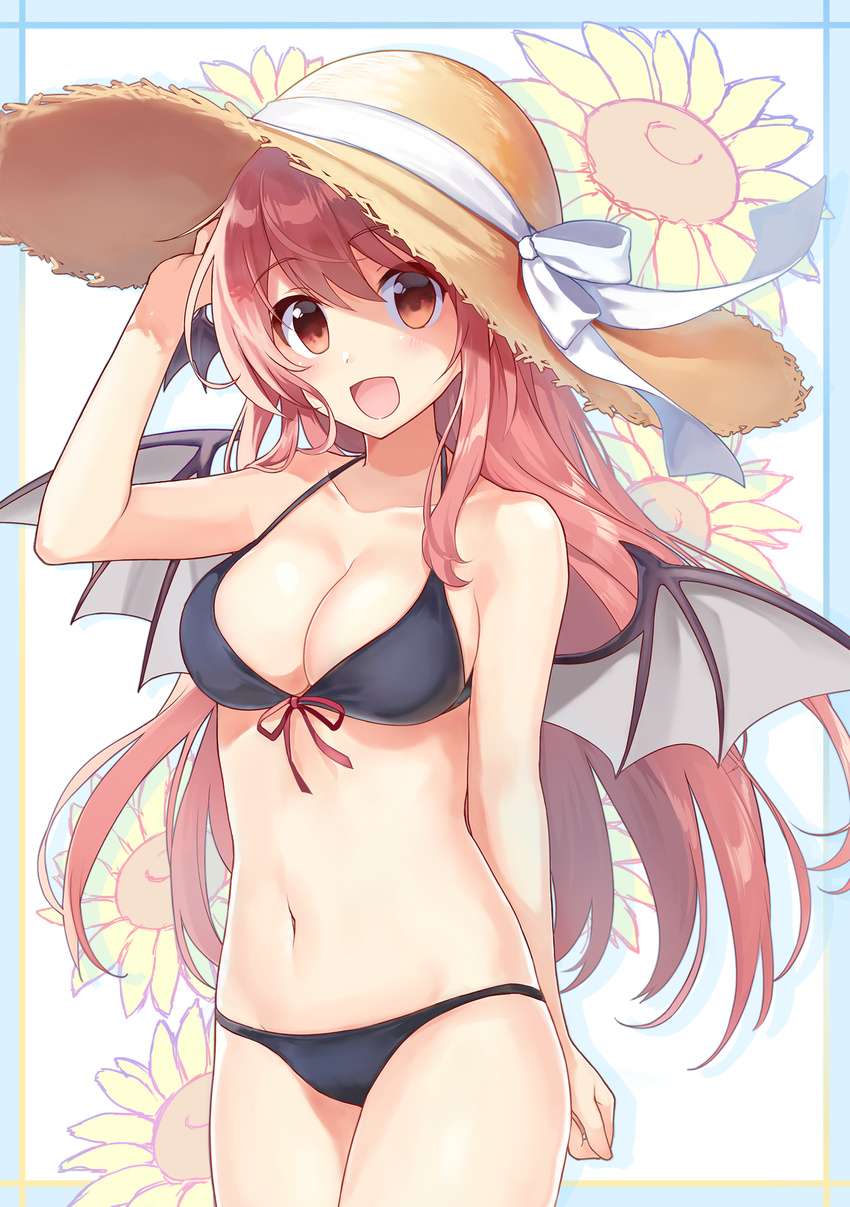 :d absurdres alternate_costume bare_shoulders bikini black_bikini blush breasts cleavage collarbone commentary_request cowboy_shot demon_girl demon_wings floral_background flower front-tie_bikini front-tie_top hat hat_ribbon head_wings highres koakuma long_hair looking_at_viewer medium_breasts navel open_mouth partial_commentary red_eyes red_hair ribbon smile solo stomach straw_hat sunflower swimsuit touhou very_long_hair white_ribbon wings yada_(xxxadaman)