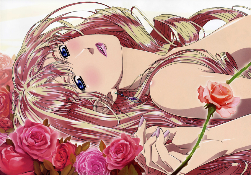 absurdres blonde_hair blue_eyes earrings flower highres huge_filesize incredibly_absurdres jewelry lips lipstick long_hair looking_at_viewer lying macross macross_frontier makeup marufuji_hirotaka nail_polish official_art on_back parted_lips red_flower red_rose rose scan sheryl_nome single_earring solo