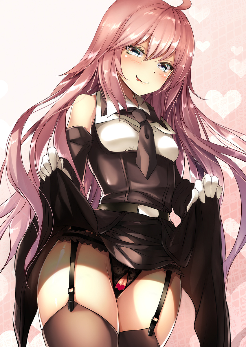 ahoge aqua_eyes bare_shoulders detached_sleeves dies_irae garter_belt gloves highres licking_lips long_hair looking_at_viewer mia_(gute-nacht-07) naughty_face panties pink_hair rusalka_schwagerin smile thighhighs tongue tongue_out underwear