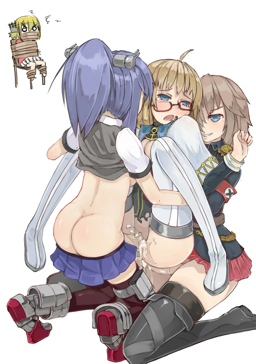 absurdres anal angry armband ass bismarck_(zhan_jian_shao_nyu) black_legwear blonde_hair blue_eyes blue_hair blush boots breasts brown_hair chair cleavage cum cum_in_ass cum_in_pussy double_penetration futa_with_female futanari girl_sandwich glasses group_sex headgear highres historical_event hood_(zhan_jian_shao_nyu) kneeling leg_lift looking_at_another medium_breasts miniskirt multiple_girls open_mouth parody penis pleated_skirt ponytail prince_of_wales_(zhan_jian_shao_nyu) prinz_eugen_(zhan_jian_shao_nyu) rape rebellion_army_flag red-framed_eyewear restrained saliva sandwiched semi-rimless_eyewear sex shirt_lift sideboob skirt smirk stmaster tears thigh_boots thighhighs threesome trait_connection under-rim_eyewear vaginal zhan_jian_shao_nyu