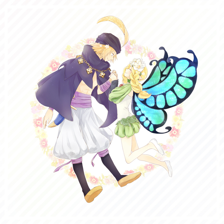 1girl blonde_hair braid butterfly_wings closed_eyes couple fairy flower hair_flower hair_ornament hat hat_feather hetero highres holding_hands ingway_(odin_sphere) karury long_hair looking_at_another mercedes odin_sphere pointy_ears puffy_sleeves smile twin_braids wings