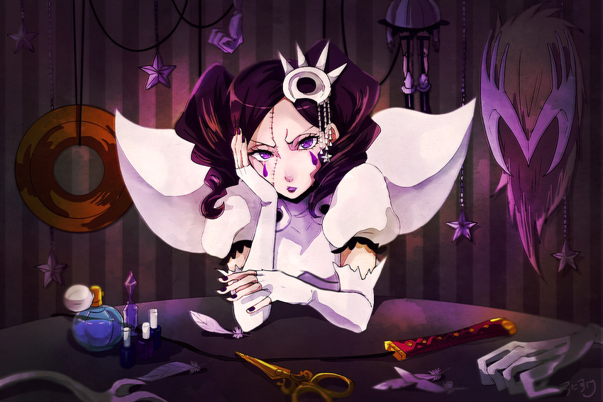 bad_id bad_pixiv_id bleach bottle cirucci_sanderwicci elbow_gloves facial_mark feathers fingerless_gloves gloves hair_ornament looking_at_viewer nail_polish nail_polish_bottle perfume_bottle puffy_short_sleeves puffy_sleeves purple_eyes purple_hair purple_nails ronisuke scissors short_sleeves short_twintails solo stitches table twintails whip zombie
