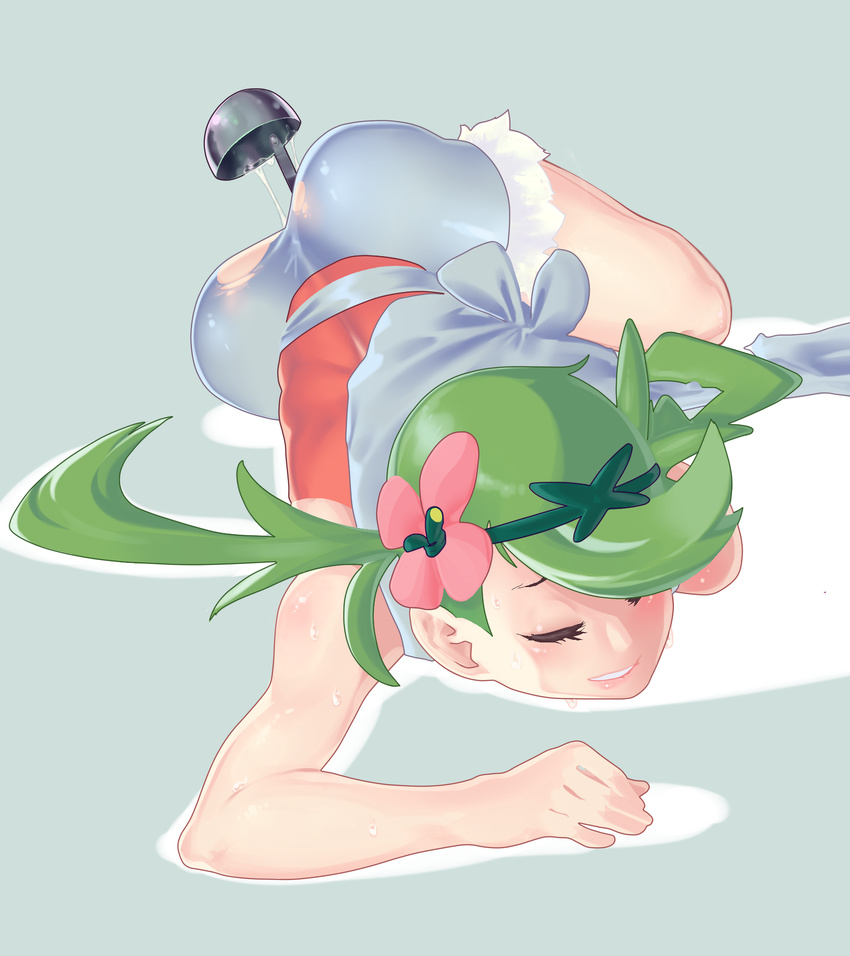 1girl blush eyes_closed female flower glo-s-s green_hair hair_flower hair_ornament highres implied_masturbation insertion ladle lip_biting mao_(pokemon) masturbation overalls pokemon pokemon_(game) pokemon_sm pussy_juice pussy_juice_string pussy_juice_trail shiny shiny_skin simple_background solo sweat twintails