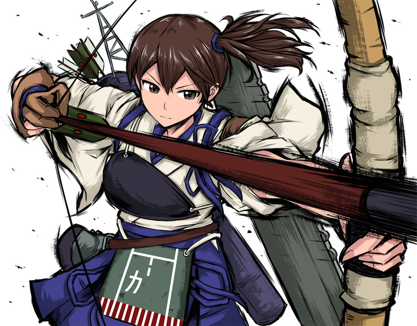 aiming armor arrow bow_(weapon) brown_eyes brown_hair drawing_bow gloves hamu_agaki holding holding_arrow holding_bow_(weapon) holding_weapon japanese_clothes kaga_(kantai_collection) kantai_collection machinery muneate outstretched_arm quiver side_ponytail solo weapon wide_sleeves