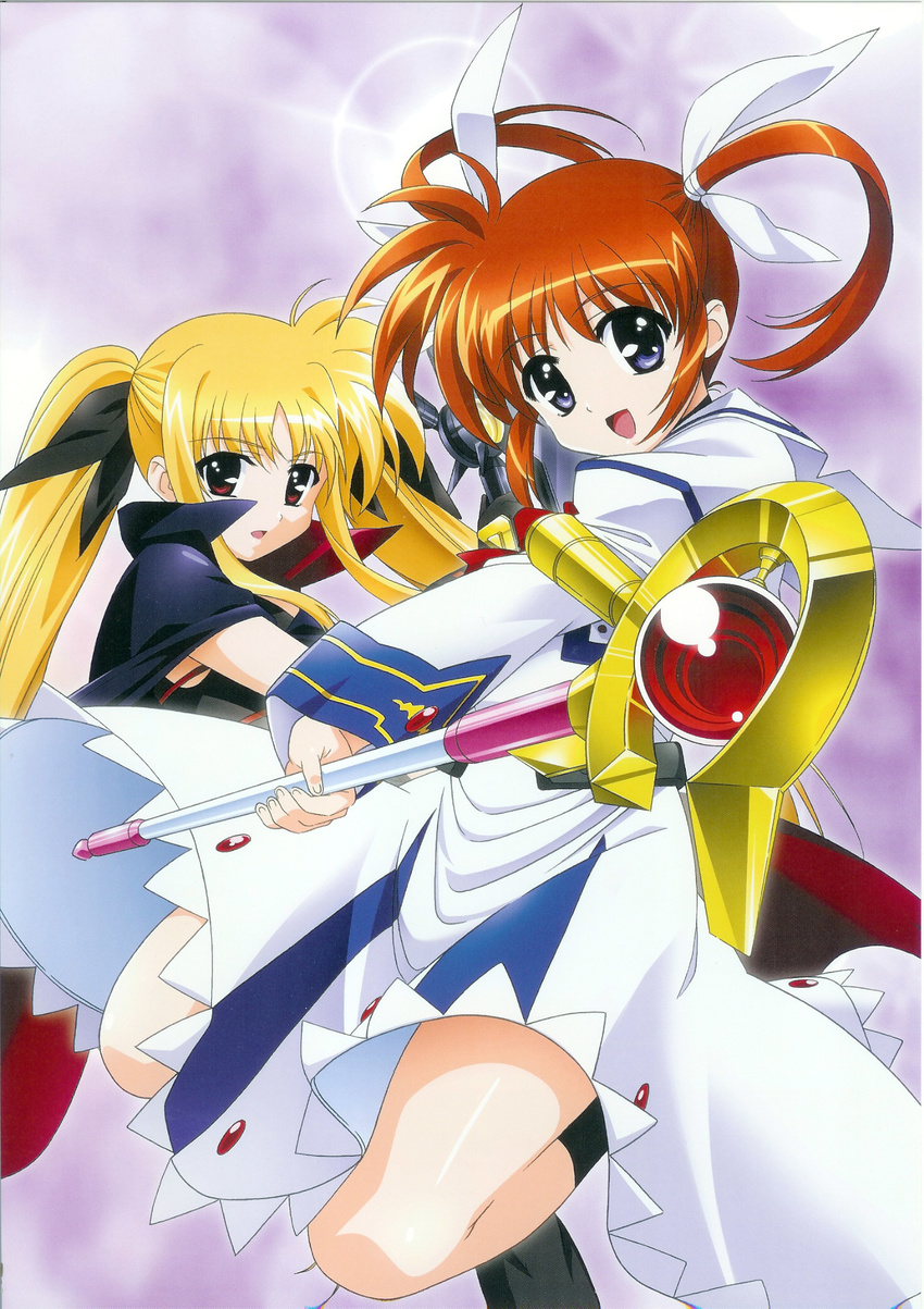 :d bardiche belt black_dress black_legwear blonde_hair bow cape cowboy_shot dress fate_testarossa hair_ribbon highres holding holding_weapon leg_belt long_skirt long_sleeves looking_at_viewer lyrical_nanoha magical_girl mahou_shoujo_lyrical_nanoha multiple_girls okuda_yasuhiro open_mouth pleated_skirt polearm purple_eyes raising_heart red_bow red_eyes red_hair ribbon scan short_hair skirt smile staff takamachi_nanoha thighhighs twintails weapon white_dress white_ribbon white_skirt