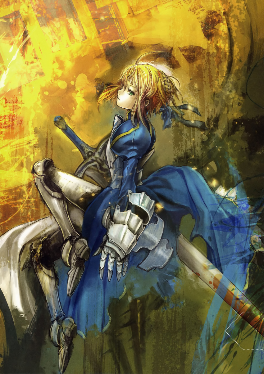 absurdres armor artoria_pendragon_(all) asai_genji blonde_hair braid fate/stay_night fate_(series) gauntlets green_eyes hair_bun hair_ribbon highres profile ribbon saber solo sword weapon