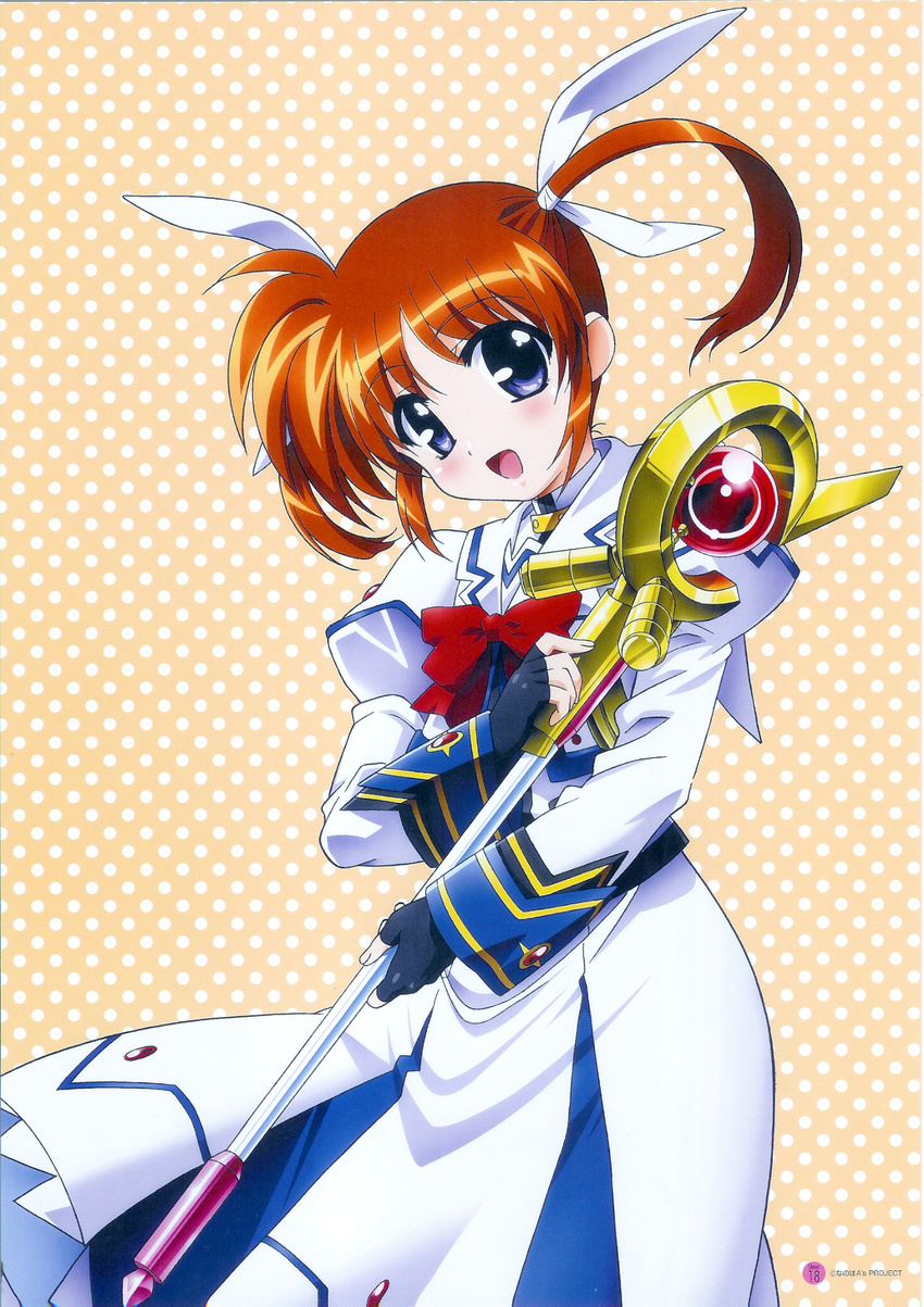 bow fingerless_gloves gloves highres long_sleeves lyrical_nanoha magazine_(weapon) magical_girl mahou_shoujo_lyrical_nanoha mahou_shoujo_lyrical_nanoha_a's official_art okuda_yasuhiro purple_eyes raising_heart red_bow red_hair solo takamachi_nanoha twintails