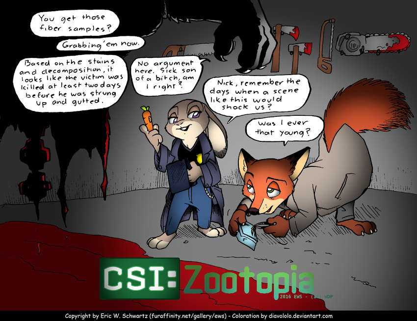2016 absurd_res anthro barefoot bouquet canine clothed clothing colored comic crossed_legs csi cuddling dialogue diavololo digital_media_(artwork) disney duo dvd edit english_text eric_schwartz female fox fur gloves_(marking) green_eyes grey_fur hand_behind_back hi_res holding_object judy_hopps lagomorph looking_back male mammal markings nick_wilde predator/prey purple_eyes rabbit red_fur sitting size_difference smile sofa speech_bubble television text zootopia