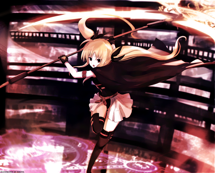 arm_strap bad_id bad_pixiv_id bardiche belt black_cape black_footwear black_gloves black_legwear black_ribbon black_shirt blonde_hair blurry boots cape depth_of_field dyolf energy_weapon fate_testarossa floating_hair gloves hair_ribbon highres holding holding_weapon incoming_attack knee_boots long_hair looking_at_viewer lyrical_nanoha magic_circle mahou_shoujo_lyrical_nanoha mahou_shoujo_lyrical_nanoha_the_movie_1st open_mouth over-kneehighs ribbon scythe shirt skirt sleeveless sleeveless_shirt solo thighhighs twintails weapon white_skirt yellow_eyes