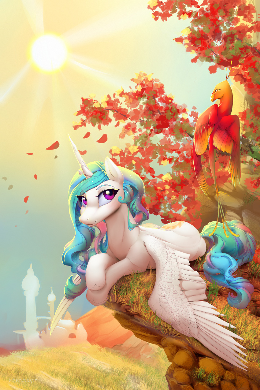 2019 avian bird canterlot detailed_background duo equine feathered_wings feathers female feral friendship_is_magic grass horn landscape looking_at_viewer mammal my_little_pony nature outside philomena_(mlp) phoenix princess_celestia_(mlp) purple_eyes sky smile sun viwrastupr white_feathers winged_unicorn wings