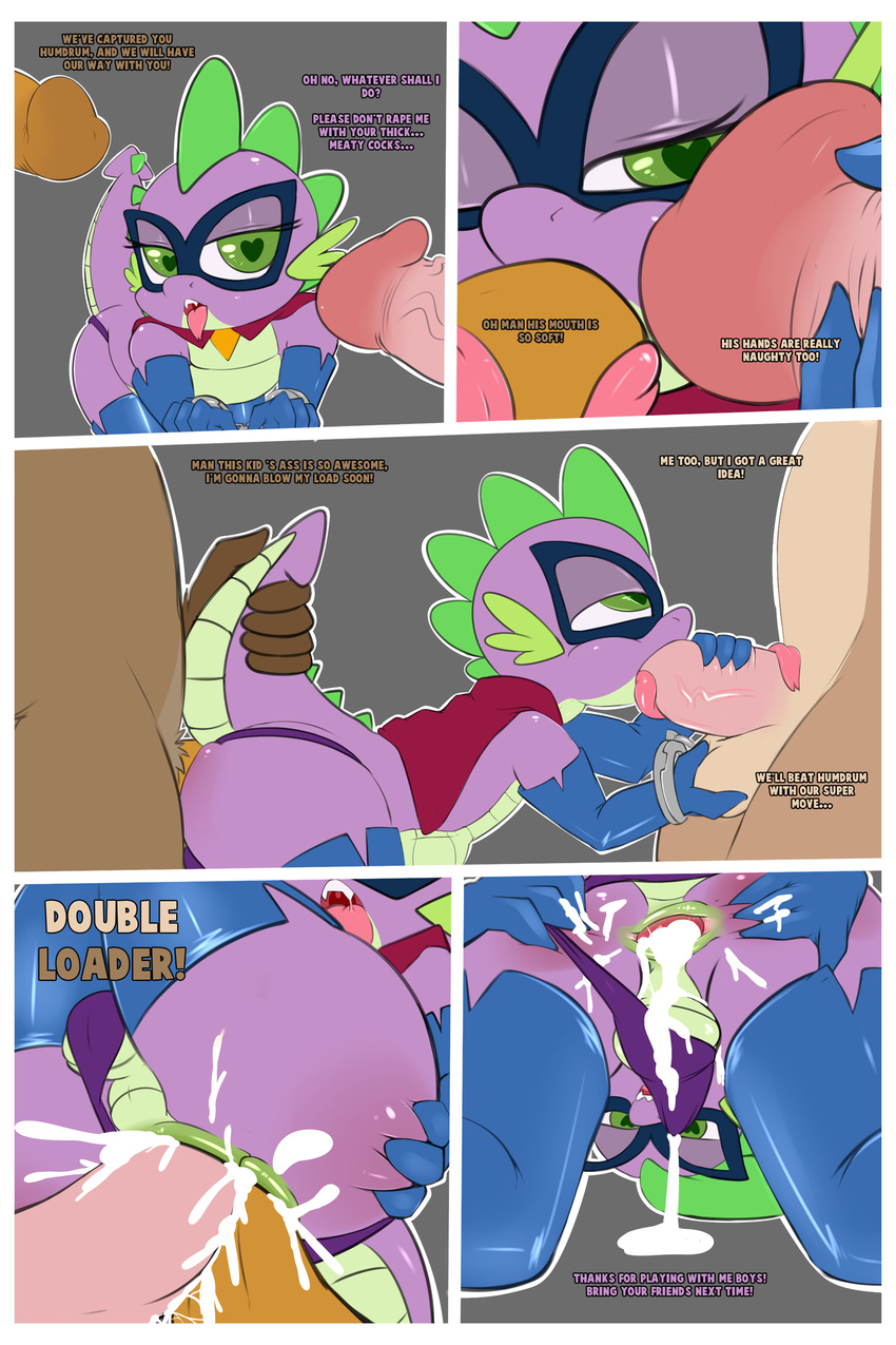 &lt;3 &lt;3_eyes 2016 absurd_res anal butt comic costume cum cum_inside double_anal_penetration fellatio friendship_is_magic gaping girly handcuffs handjob hi_res humdrum_(mlp) male male/male my_little_pony oral saurian_(artist) sex shackles spike_(mlp)