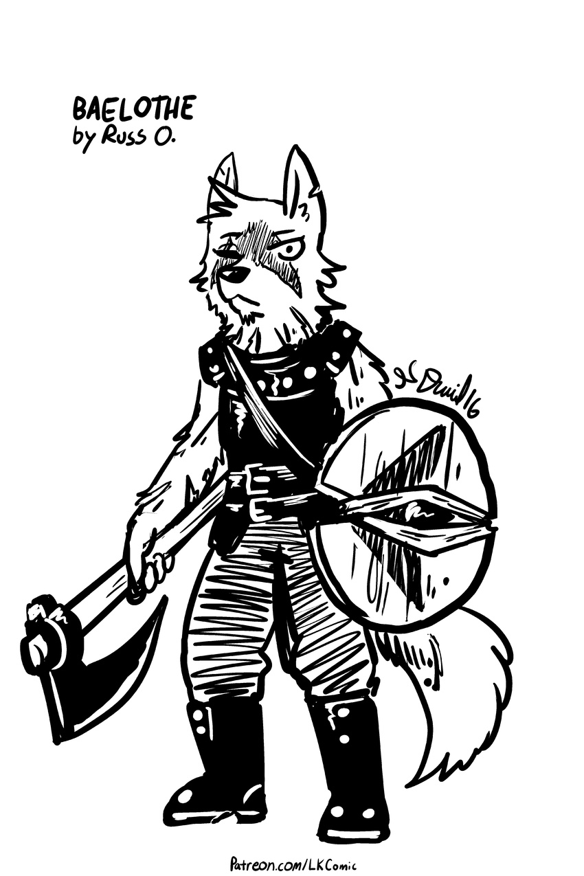 armor axe baelothe black_fur boots canine clothing eye_scar footwear fox fur invalid_tag latchkey_kingdom male mammal melee_weapon monochrome p5ych scar shield simple_background weapon white_background white_fur