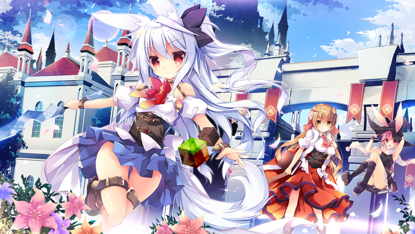 animal_ears blue_hair book boots brown_eyes brown_hair bunny_ears castle cloud corset day dog_ears floating flower hair_flower hair_ornament hakoniwa_oukoku_no_souzoushu-sama hands_on_headwear hat knee_boots leg_lift long_hair multiple_girls nanamomo_rio open_mouth outdoors outstretched_arms petals pink_eyes pink_hair red_eyes ribbon scarf shirt short_hair side_ponytail sitting skirt sky smile sword tail thigh_gap thigh_strap very_long_hair weapon wind wind_lift witch_hat wolf_ears