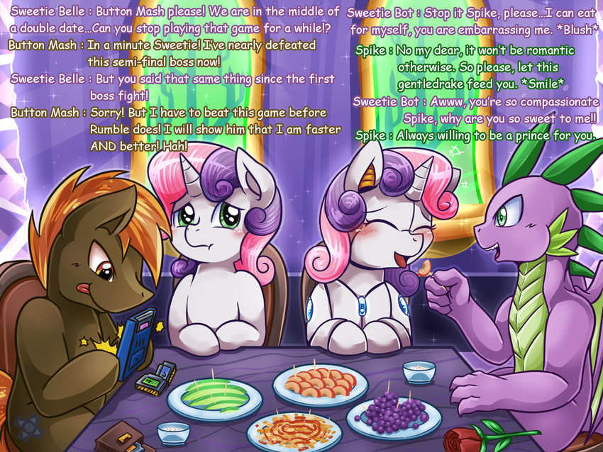 button_mash_(mlp) dialogue dragon eating english_text equine female friendship_is_magic horn horse male mammal my_little_pony pony spike_(mlp) sweetie_belle_(mlp) sweetie_bot text unicorn vavacung