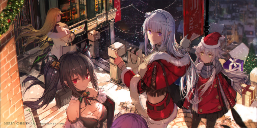 4girls artist_name bag bangs bare_shoulders bell belt black_gloves black_hair black_sleeves blonde_hair box braid breasts brick_wall brown_belt brown_eyes capelet character_request choujigen_game_neptune christmas_lights cityscape cleavage coat commentary crossover crown_braid detached_sleeves dress emilia_(re:zero) eyebrows_visible_through_hair fur-trimmed_coat fur-trimmed_hat fur-trimmed_hood fur-trimmed_skirt fur_trim gift gift_box gloves hair_bell hair_between_eyes hair_ornament hat highres hikari_(xenoblade_2) hood hood_down hooded_capelet long_hair long_sleeves medium_breasts merry_christmas midriff mittens multiple_crossover multiple_girls neptune_(series) nintendo noire off_shoulder outdoors paper_bag pleated_dress pointing pointy_ears purple_eyes purple_hair re:zero_kara_hajimeru_isekai_seikatsu red_capelet red_dress red_eyes red_hat red_skirt santa_costume santa_hat sen_no_kiseki_4 shopping_bag sidelocks silver_hair skirt sleeves_past_wrists stairs stone_stairs swd3e2 twintails very_long_hair white_coat white_mittens xenoblade_(series) xenoblade_2