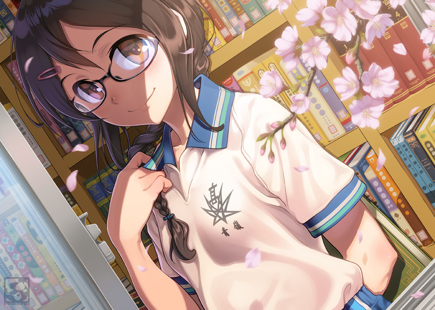 alternate_hairstyle aoi_sora_(pairan) arms_behind_back black-framed_eyewear blush book bookshelf braid branch breasts brown_eyes brown_hair closed_mouth collarbone collared_shirt dutch_angle emblem glasses gym_uniform hair_over_shoulder holding holding_book indoors library long_hair looking_at_viewer open_window original pairan petals semi-rimless_eyewear shirt short_sleeves single_braid small_breasts smile solo under-rim_eyewear upper_body white_shirt window wing_collar