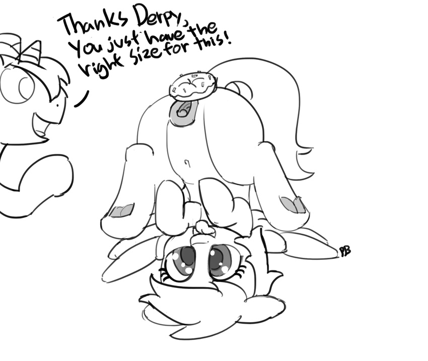 butt clitoris derpy_hooves_(mlp) donut_joe_(mlp) doughnut duo english_text equine female feral food friendship_is_magic horn male mammal my_little_pony navel open_mouth pabbley pegasus pussy simple_background sketch text tongue tongue_out unicorn white_background wings