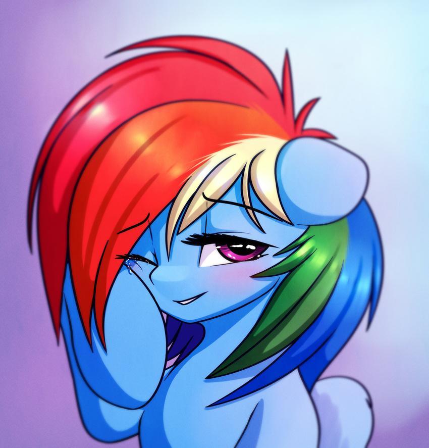 2016 absurd_res blush elzzombie equine female feral friendship_is_magic hair hi_res hooves looking_at_viewer mammal multicolored_hair my_little_pony one_eye_closed pegasus rainbow_dash_(mlp) rainbow_hair solo wings
