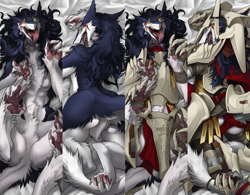 armor blue_fur butt fur green_eyes looking_at_viewer multicolored_fur nude open_mouth paws rain_silves sergal solo tongue tongue_out trancy_mick two_tone_fur white_fur