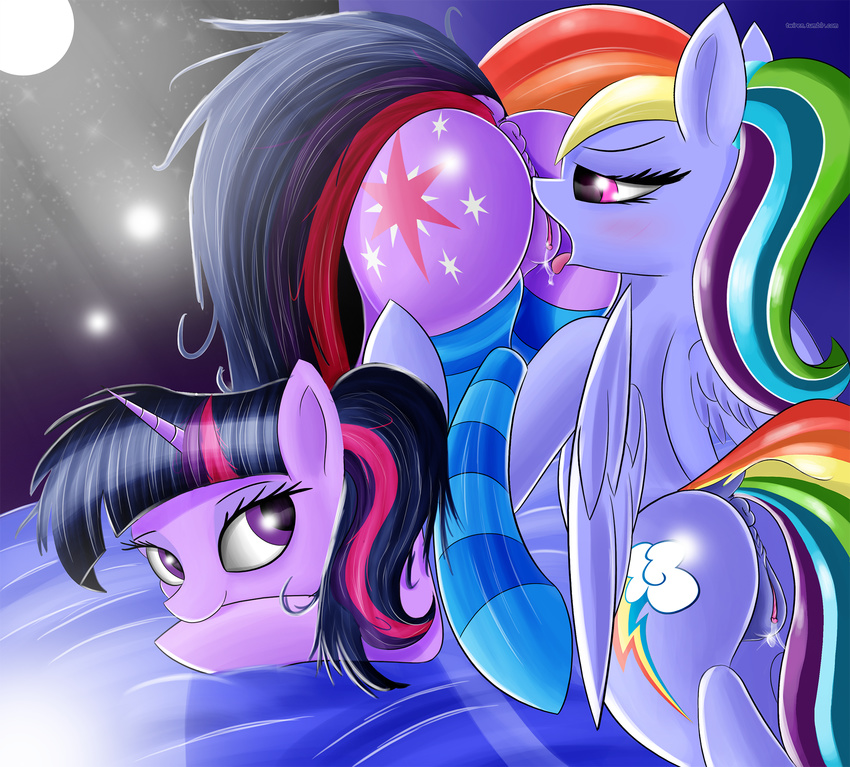 anus ass_up blush butt clitoris clothing cunnilingus cutie_mark duo equine female female/female feral friendship_is_magic hair half-closed_eyes horn legwear looking_back mammal multicolored_hair my_little_pony open_mouth oral pegasus pink_eyes purple_eyes pussy pussy_juice rainbow_dash_(mlp) sex smile stockings tongue tongue_out twilight_sparkle_(mlp) twiren unicorn vaginal wings
