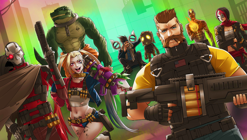 6+boys absurdres american_flag amumu bandages brand_(league_of_legends) breasts bullet captain_boomerang choker cigar cleavage commentary cosplay creature dc_comics deadshot draven el_diablo exaxuxer fingerless_gloves fiora_laurent flat_chest gloves glowing glowing_eye gradient_hair grenade_launcher grin group_picture gun hand_on_hilt handgun harley_quinn harley_quinn_(cosplay) helmet highres holding holding_gun holding_weapon jacket jhin jinx_(league_of_legends) katana_(dc) league_of_legends leg_up long_hair looking_at_viewer malcolm_graves mask medium_breasts midriff multicolored_hair multiple_boys multiple_girls navel open_clothes open_jacket pink_eyes prison_clothes renekton rocket_launcher round_teeth running sarashi sharp_teeth shirtless short_shorts shorts sideburns sitting smile standing stomach suicide_squad sword tatsu_yamashiro tattoo teeth trigger_discipline twintails two-tone_hair weapon