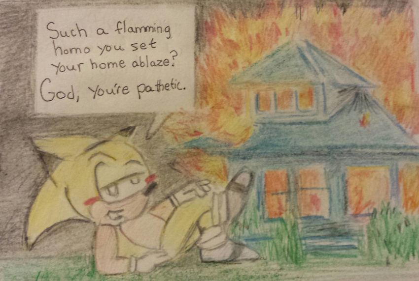 building chris-chan clothing english_text fire gloves house outside solo sonic_(series) sonichu text traditional_media_(artwork)