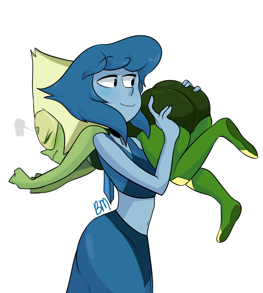 alien annoyed big_butt blue_hair blue_skin blushmallet butt butt_grab cartoon_network female gem_(species) green_skin hair hand_on_butt lapis_lazuli_(steven_universe) peridot_(steven_universe) smile steven_universe