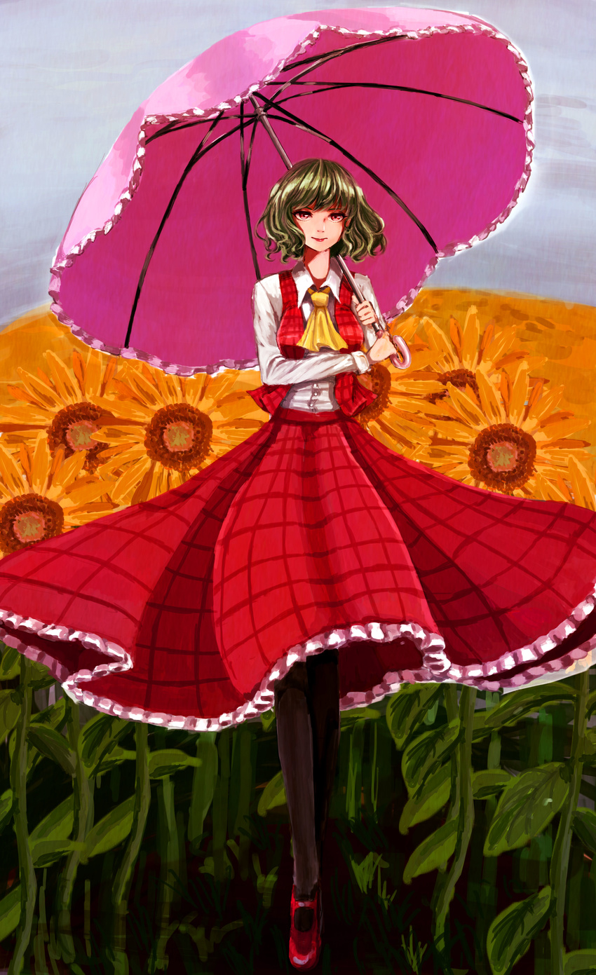 absurdres ascot black_legwear breasts collared_shirt day field flower flower_field frilled_skirt frills full_body garden_of_the_sun green_hair grey_sky highres holding holding_umbrella kazami_yuuka long_skirt long_sleeves looking_at_viewer medium_breasts mikepo open_clothes open_vest pantyhose parasol plaid plaid_skirt plaid_vest red_eyes red_footwear red_lips red_skirt red_vest shiny shiny_hair shirt shoes short_hair skirt skirt_lift skirt_set smile solo touhou umbrella vest walking wavy_hair white_shirt wind