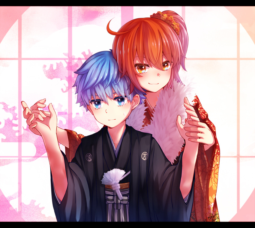 1boy 1girl blue_eyes blue_hair blush caster_(fate/extra_ccc) child closed_mouth fate/grand_order fate_(series) female_protagonist_(fate/grand_order) fur hand_holding height_difference japanese_clothes kimono letterboxed orange_hair size_difference smile sweatdrop teenage_girl_and_younger_boy traditional_clothes upper_body yellow_eyes yozakura