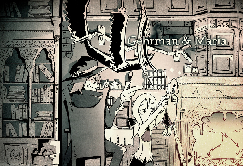 2girls ascot bloodborne closed_eyes covered_mouth doll gehrman_the_first_hunter hat lady_maria_of_the_astral_clocktower long_hair monochrome multiple_girls plain_doll ponytail saw_cleaver scythe setz smile sparkle the_old_hunters younger